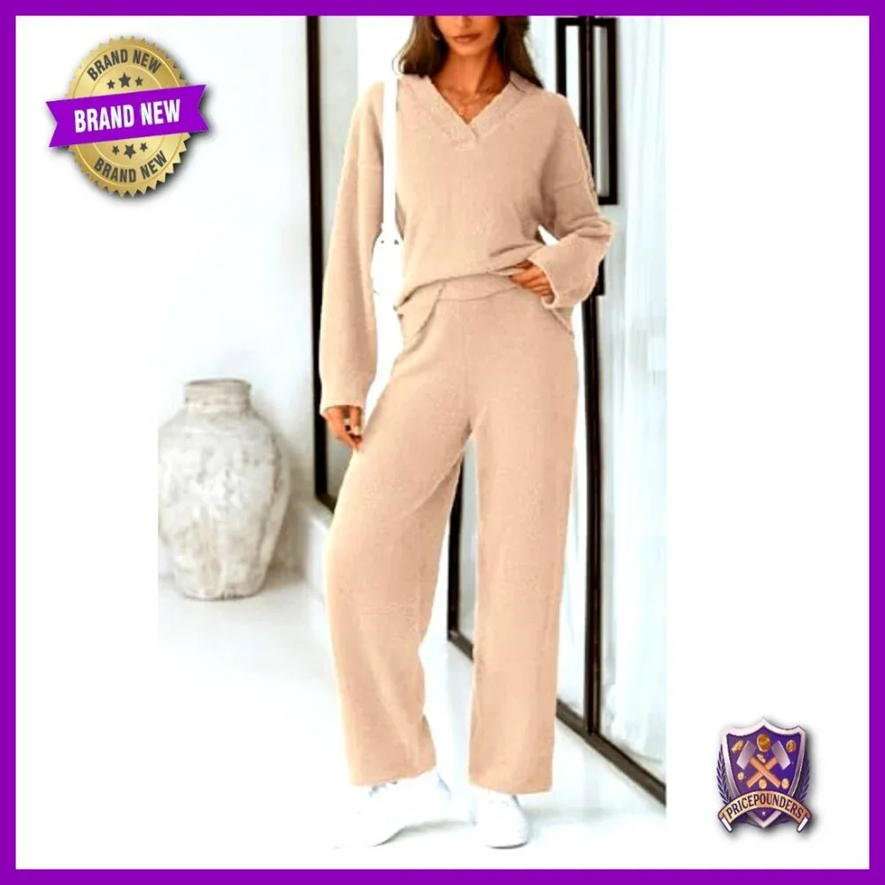V-Neck Sweater Set High Waist Wide Leg Pants Loungewear Matching Outfit Cozy